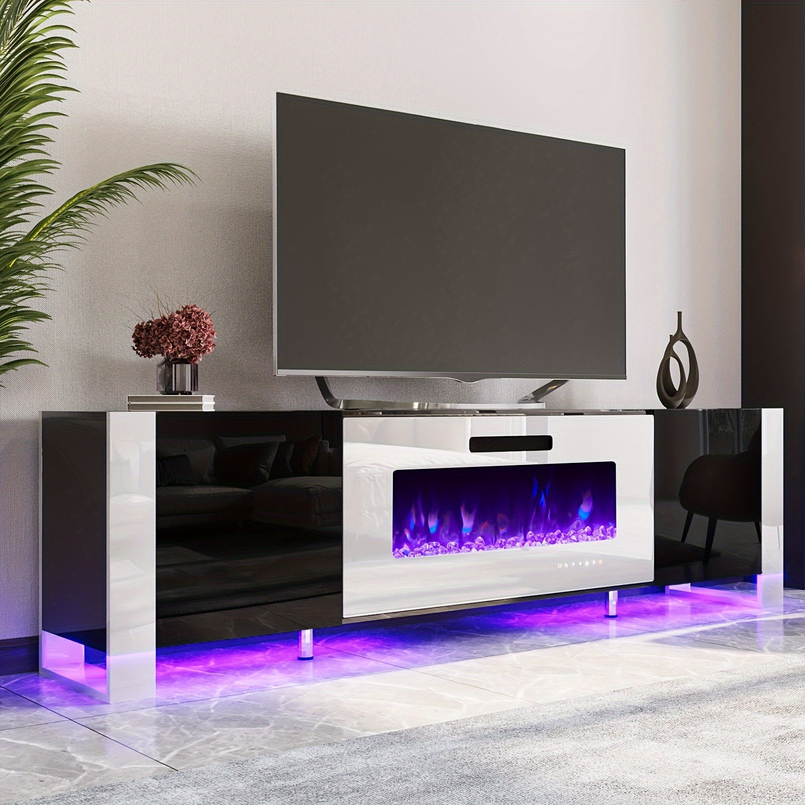 Fireplace TV Stand With Fireplaces, Modern High Gloss Entertainment Center LED Lights, U-Shaped Legs TV Console Cabinet For Living Room