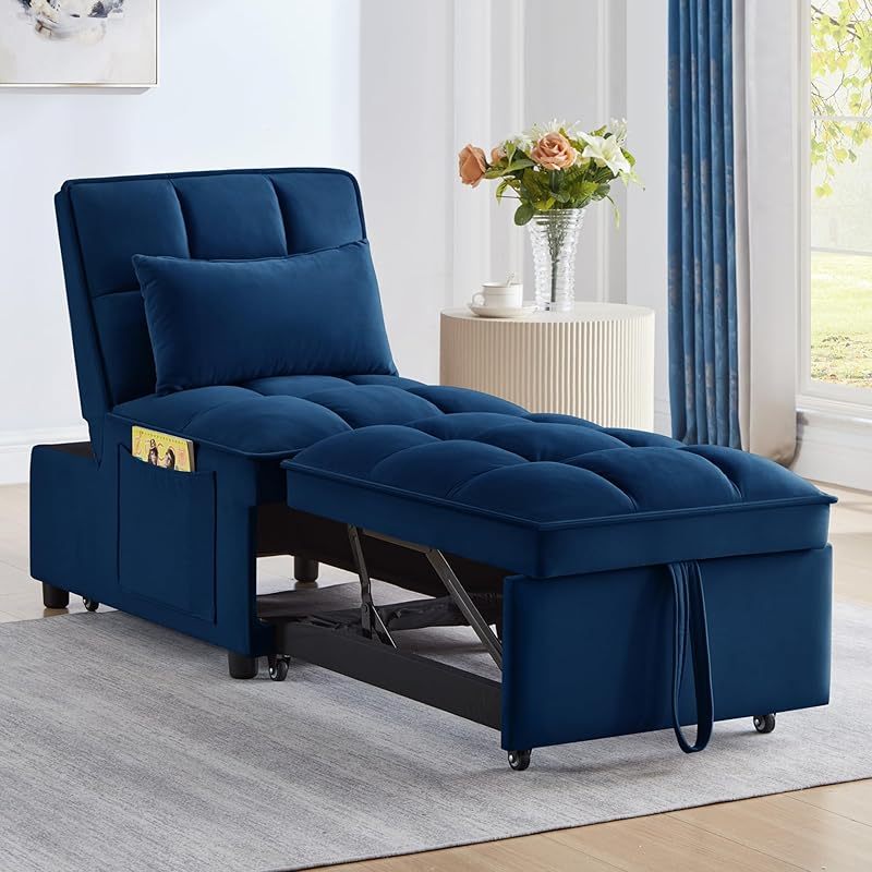 Velvet Convertible Chair Bed - Tufted Single Sofa Couch with Pull-Out Recliner, Lumbar Support Throw Pillow & Side Pockets for Apartments, RVs & Small Spaces - Available in 4 Colors