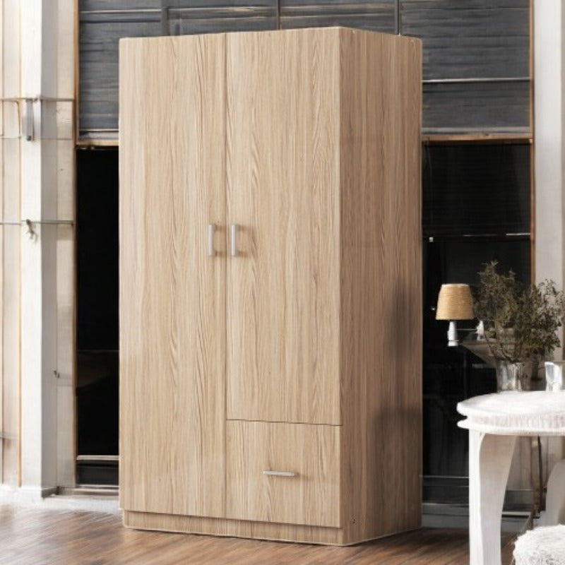 Double-Door Wardrobe with Hanging Rod 5 Fixed Shelves And 1 Storage Drawer for Ample Storage in Natural Finish