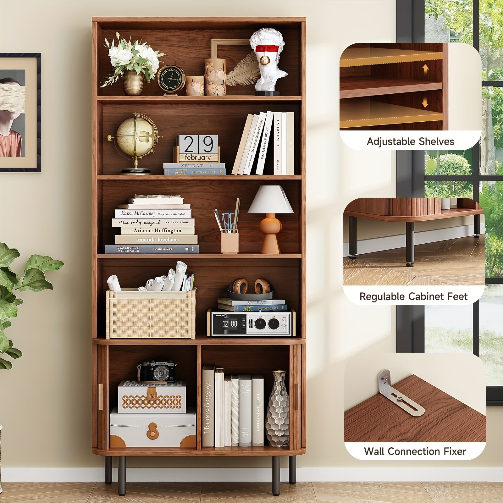 180cm Bookcase 4 Shelves Bookcase With Storage Cabinets And Adjustable Storage Shelves With Sliding Doors