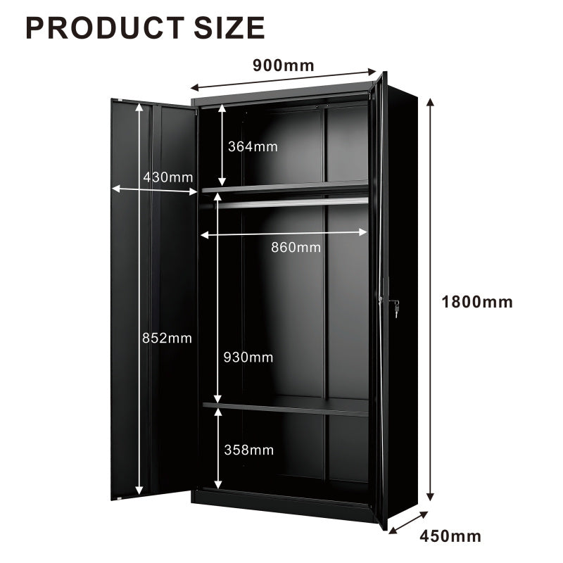 Metal Armoire Wardrobe Cabinets, 70" Black Locker Steel Wardrobe Bedroom Storage Cabinet with Doors and Hanging Rod, Clothes Closet for Home, Office and Bedroom, School, Gym, Storage Drawer Units