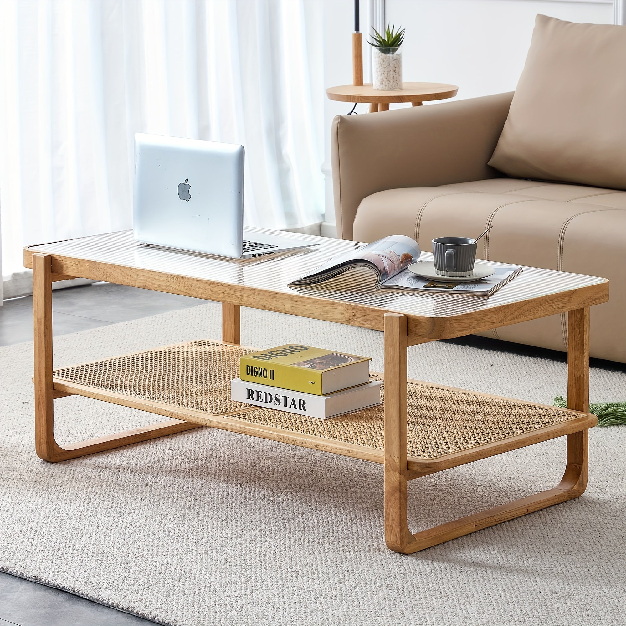 Mid Century Modern Coffee Table With Ribbed Glass Top And PE Rattan Storage Shelf, 45 Inch Rectangular Solid Wood Boho Coffe Table, Unique Center Table For Livinig Room Apartment Small Space