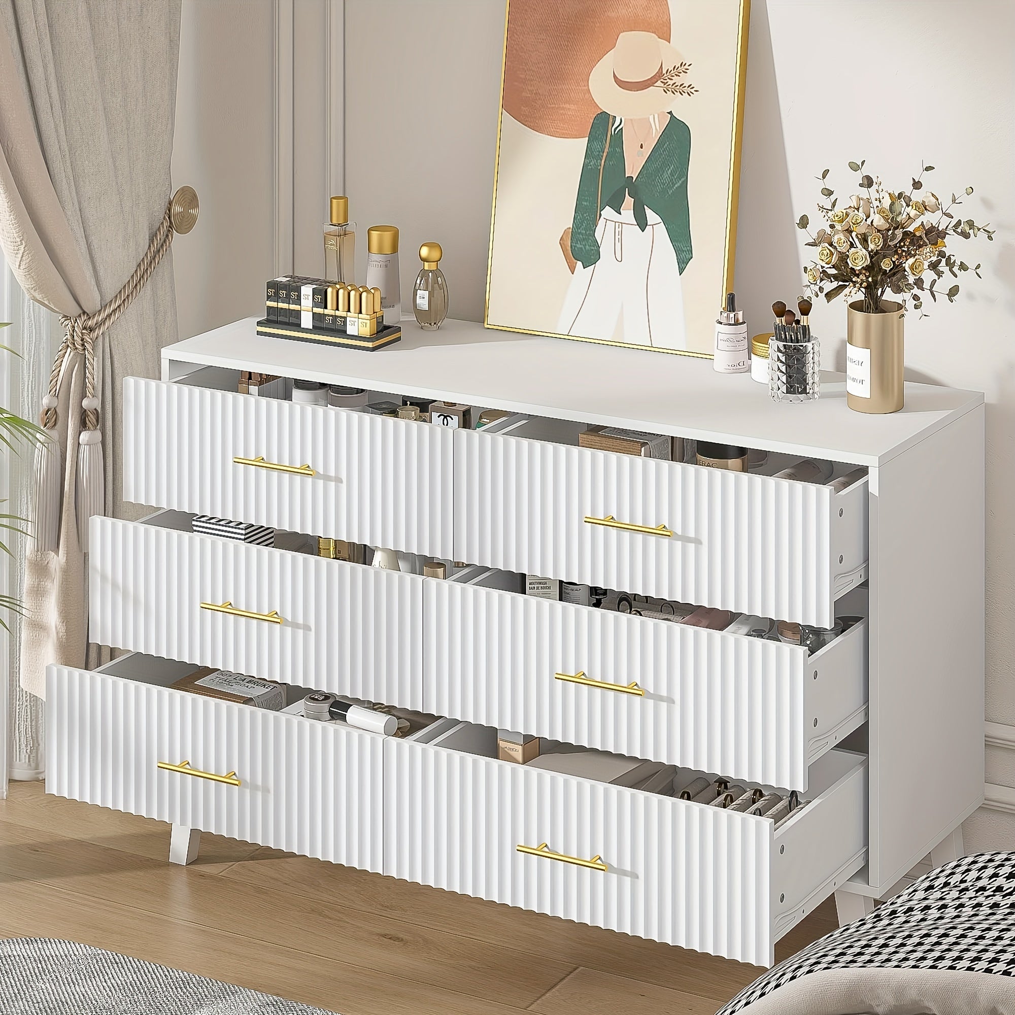 6 Drawer Accent Dresser, Modern Closet Dressers Chest Of Drawers With Fluted Panel, Suitable For Living Room, Bedroom, Nursery, Entryway And Hallway