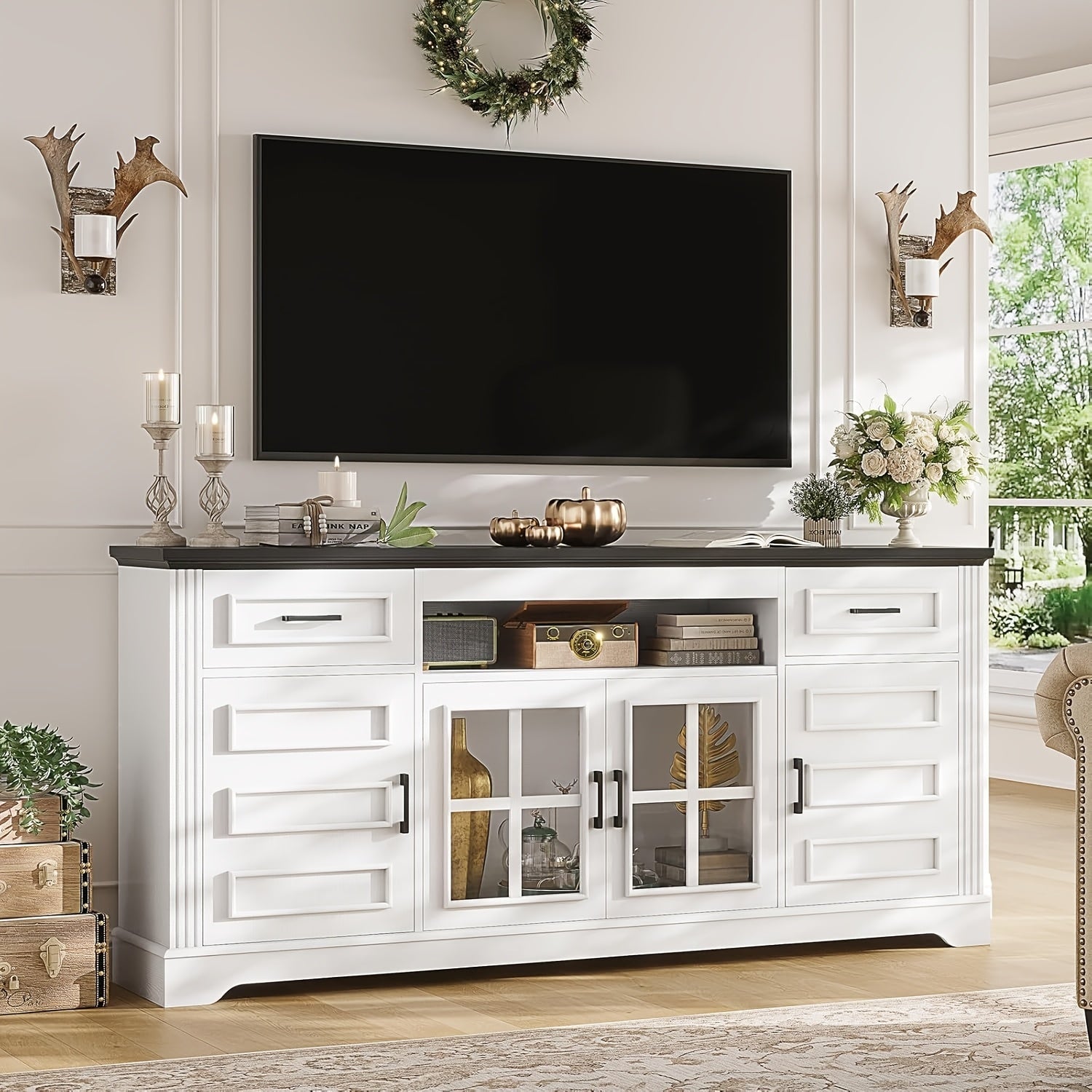 Modern Media TV Stand 66" for 75 Inch TV - Entertainment Center with Adjustable Shelves, Drawers, and Glass Cabinet, White/Blue, Metal, Assembly Required