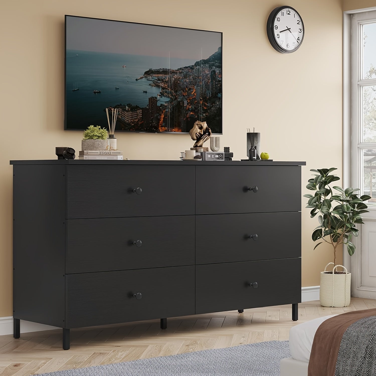 6 Drawers Dresser With Steel Frame Modern Chest Of Drawers For Bedroom Living Room Black - 15.8’’D x 47.3’’W x 31.3’’H
