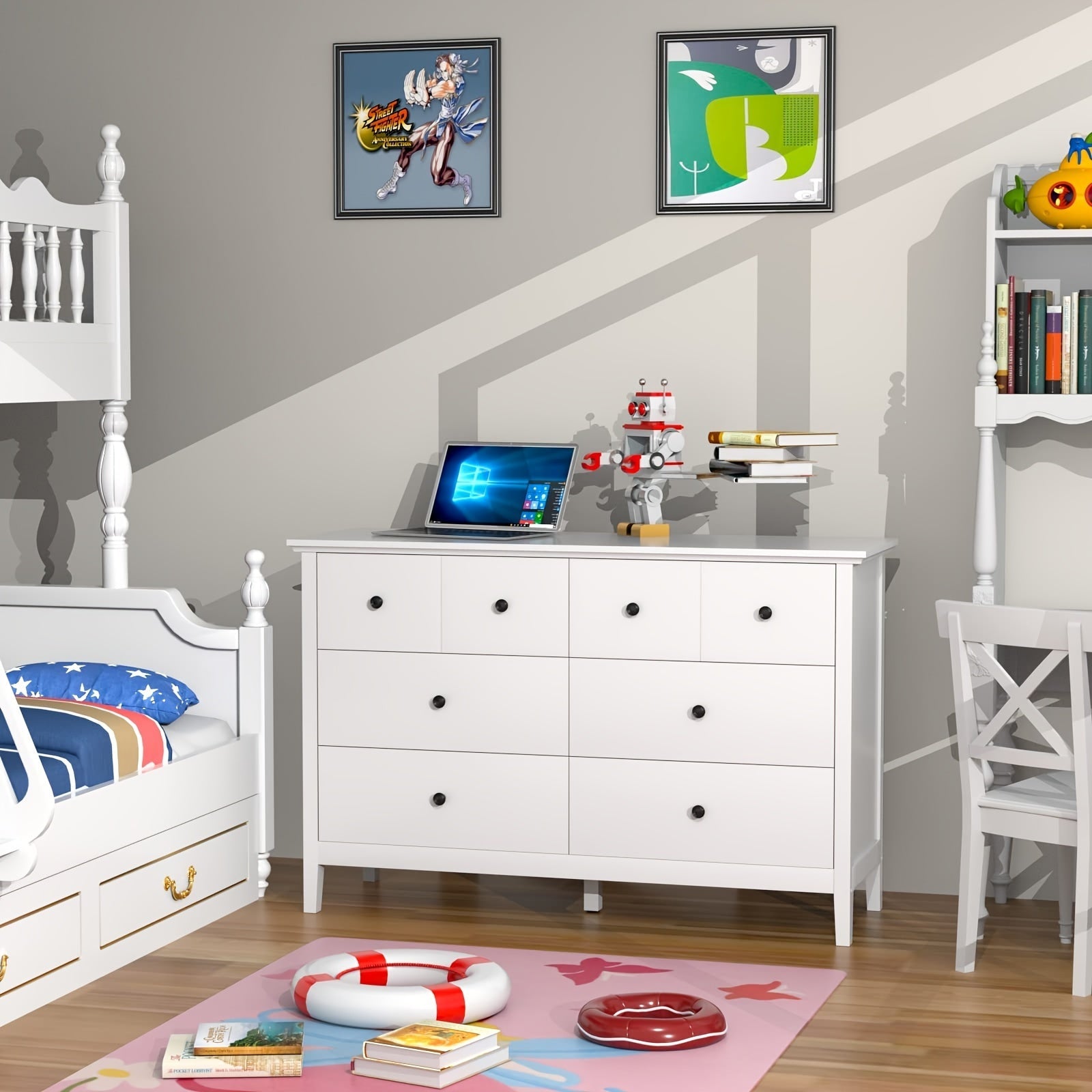 Classic 6-Drawer Double Dresser - Floor Mount Wood Bedroom Storage Chest with Flat Panel Doors Metal Handles Composite