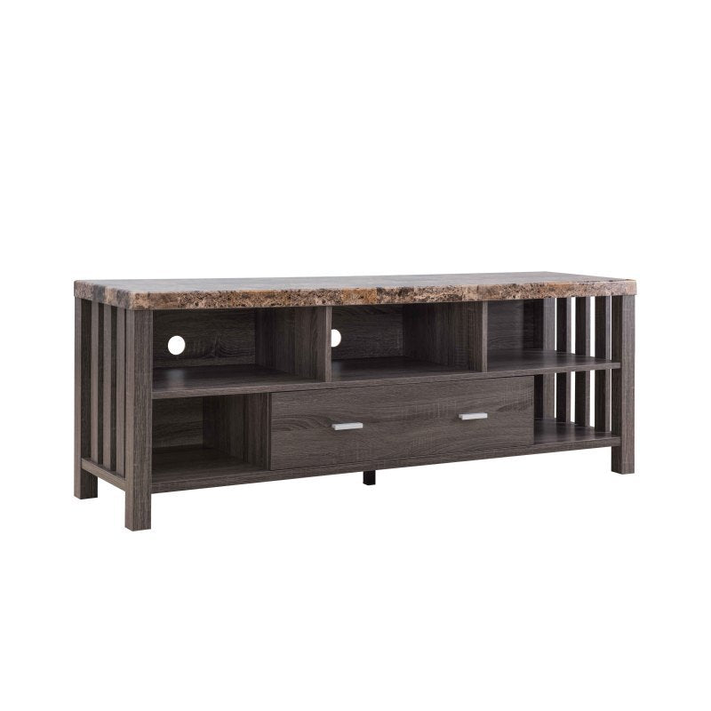 Home, Livingroom 60" TV Stand with Drawer& Five Open Shelves- Faux Marble Yellow& Distressed Grey