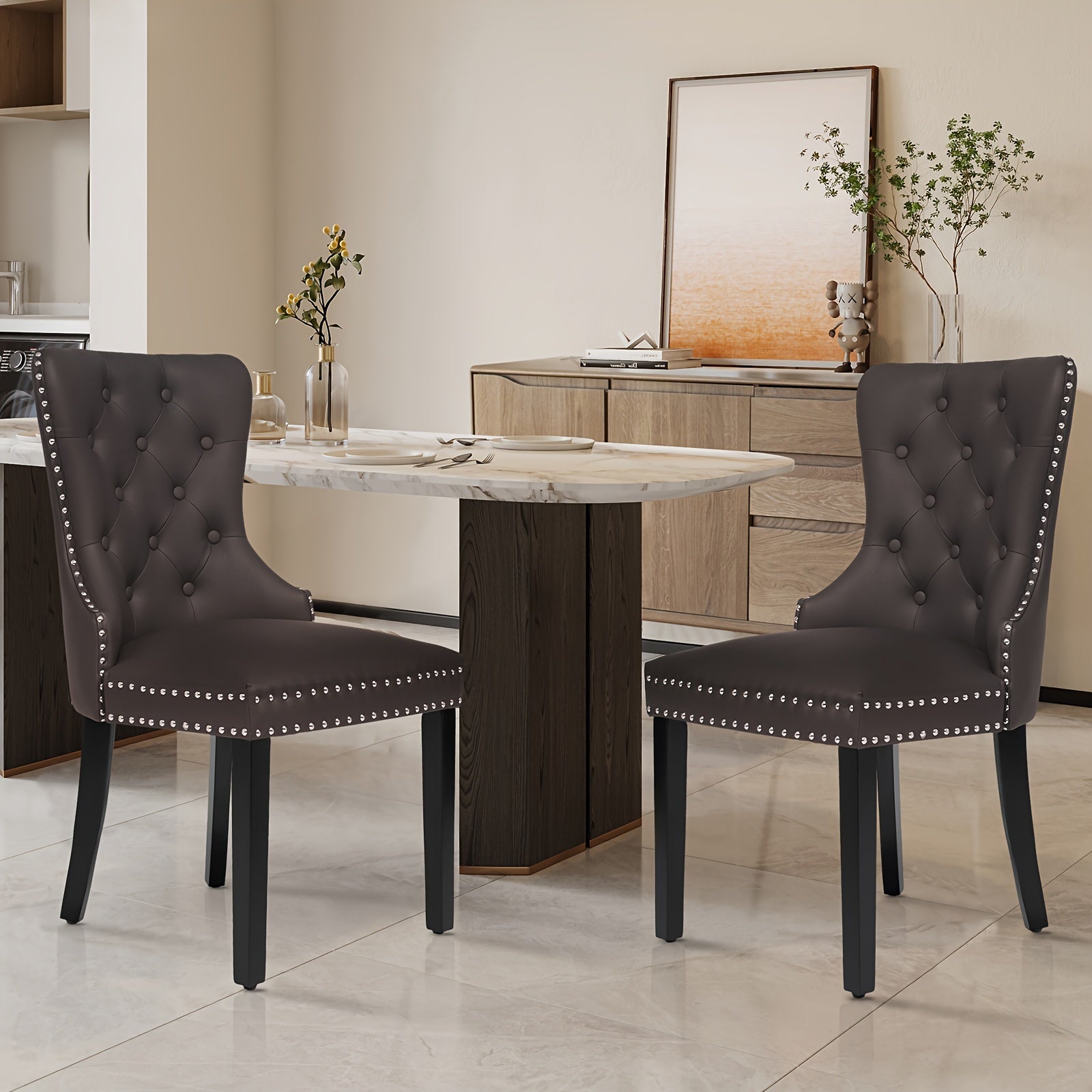 Leather Dining Chair Set Of 2, Upholstered Dining Chair With Pull Ring, Solid Wood Legs, Suitable For Dining Room.