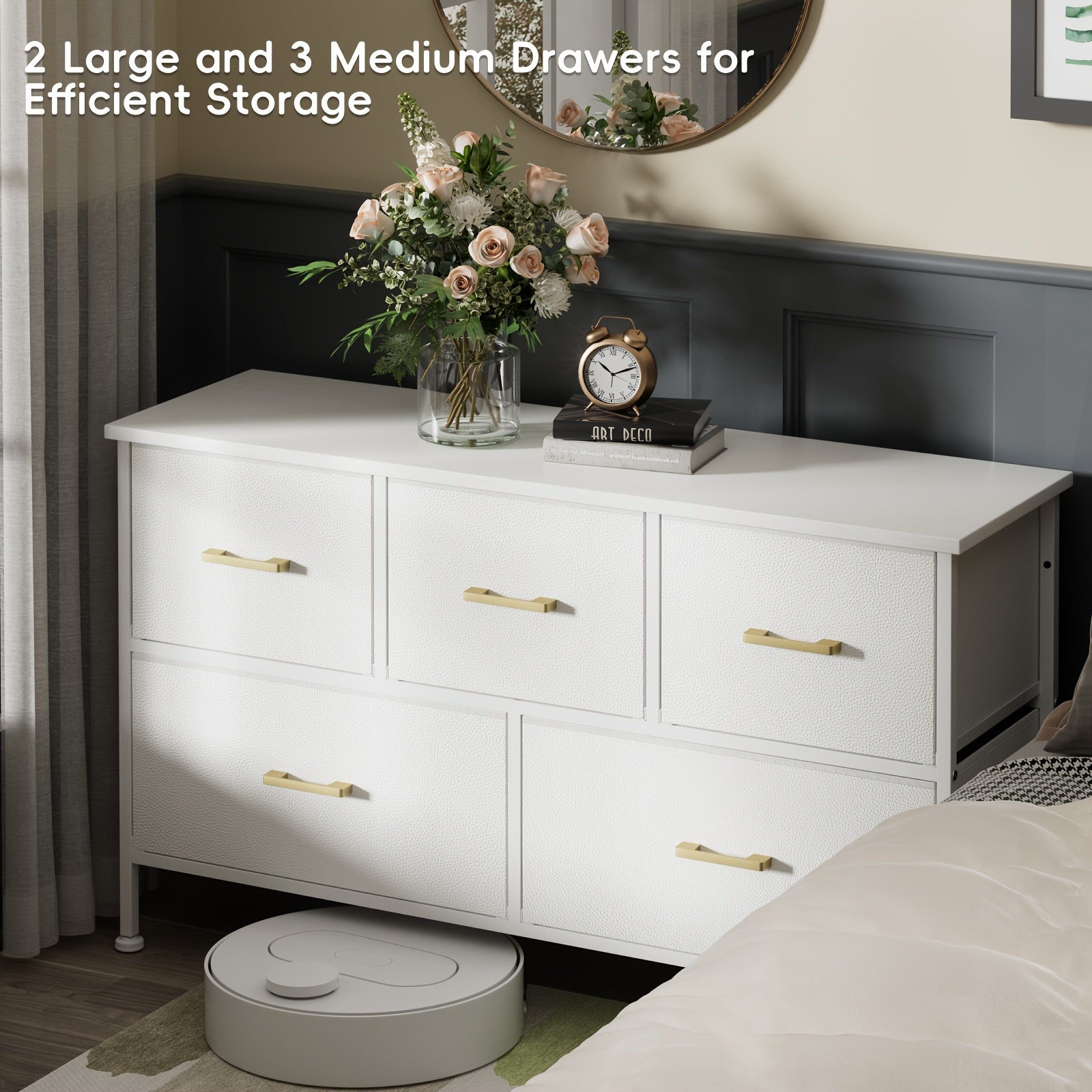 5/8/9 Drawers Dresser For Bedroom White Dresser With Fabric Drawers Chest Of Drawers With PU Finish Metal Handle