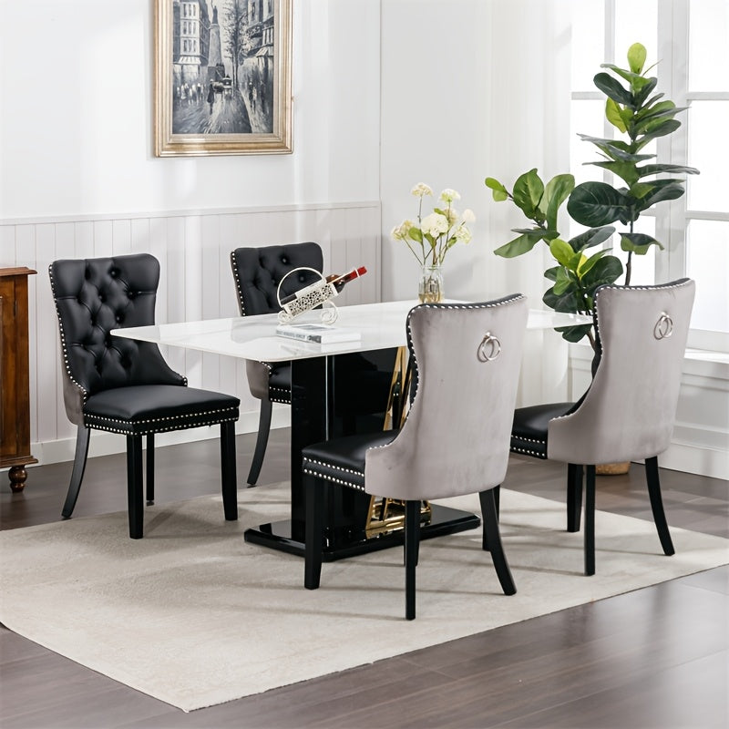 Modern Plush Dining Chair - Two Piece Set, Black And Grey Velvet/PU Wooden Legs, A&A Furniture Nikki Collection