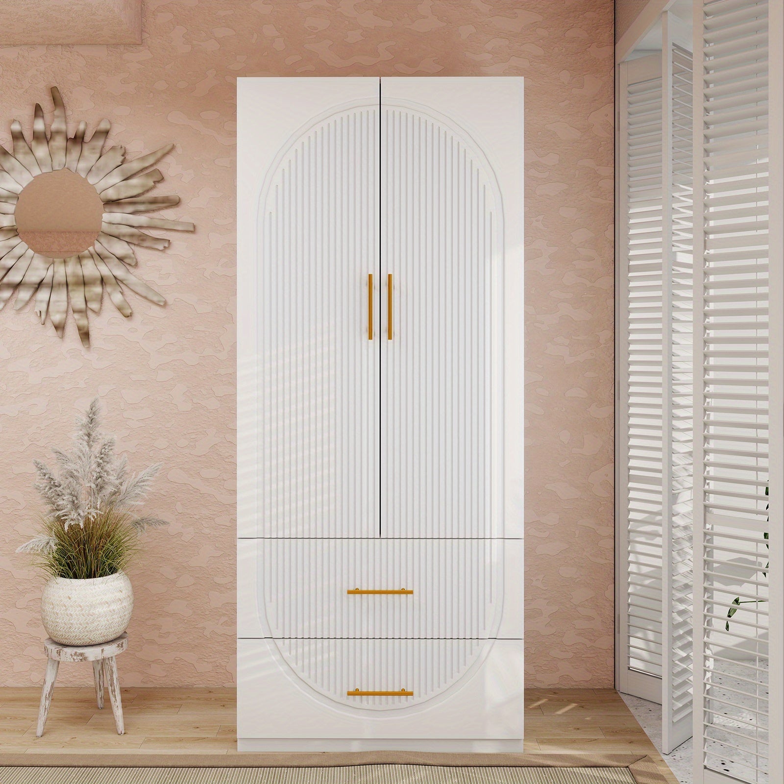 White 2-Door Armoire with Hanging Space & Drawers - Spacious Wooden Bedroom Closet for Efficient Clothing Storage, Wardrobe Closet, Bedroom Wardrobe