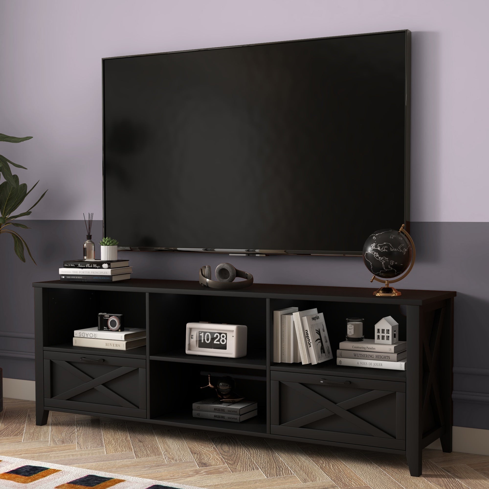 Farmhouse TV Stand Black 70" with LED Light, Media Console for 80" TVs, Entertainment Center with Storage Cabinets and Adjustable Partition