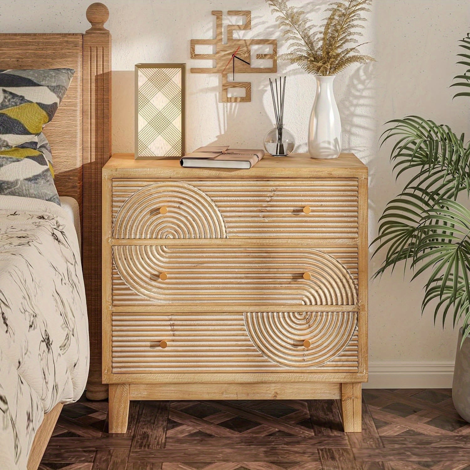 3-Drawer Farmhouse Dresser with Handicraft Wood Ring Motif, Fully Assembled Nightstand Wooden Finish for Boho, Mid-Century, Natural Wood, Rustic Style