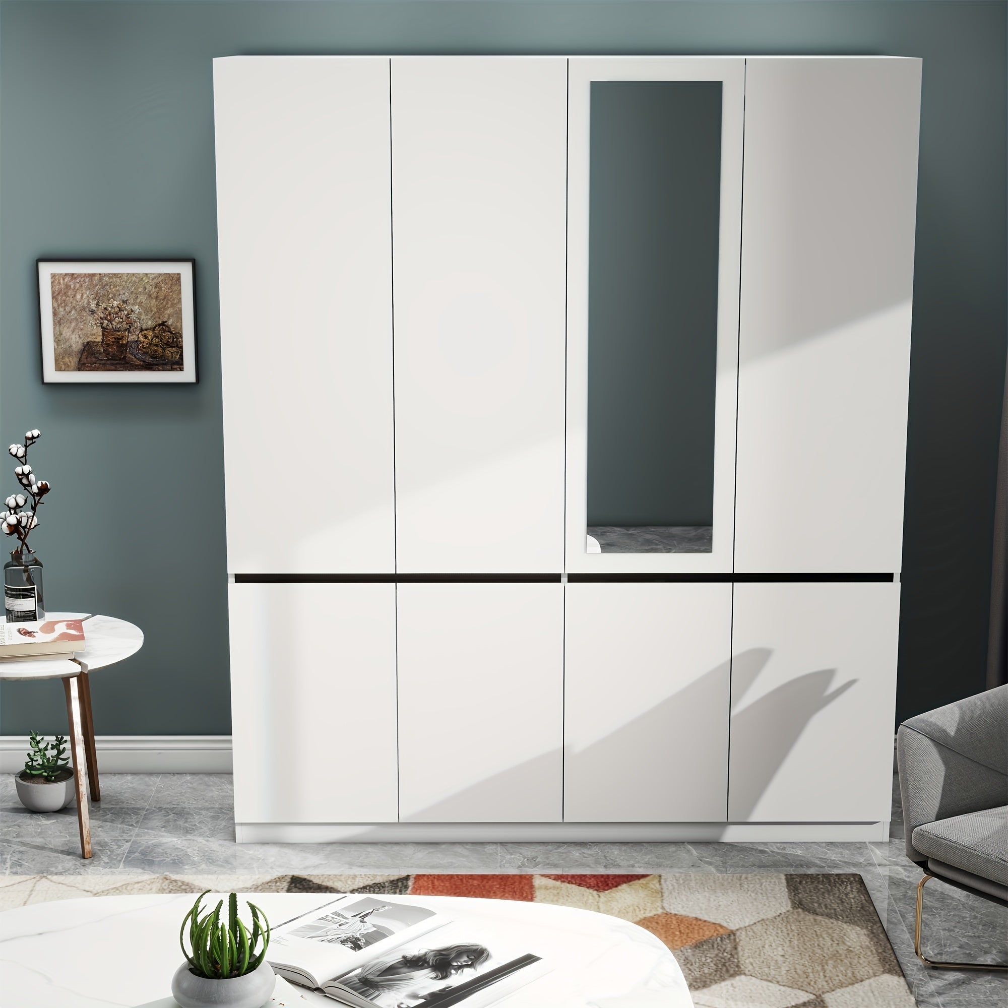 74’’H Wooden Armoire Wardrobe Closet - 4 Doors Closet Cabinet With Hanging Rod & Shelf For Bedroom Storage - White