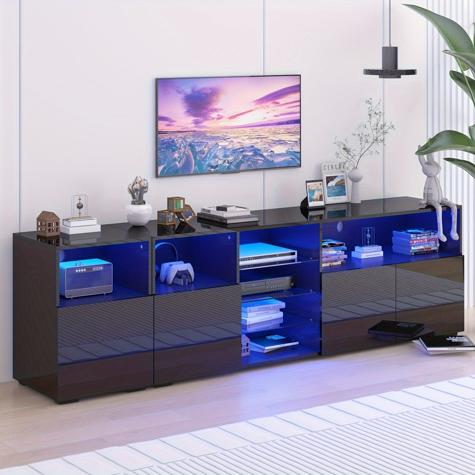 63/79 IN High Glossy LED TV Stand, Modern Entertainment Center/TV Stand With Adjustable Storage Shelf, RGB LED 20 Color Lighting, Smart Modern TV Cabinet