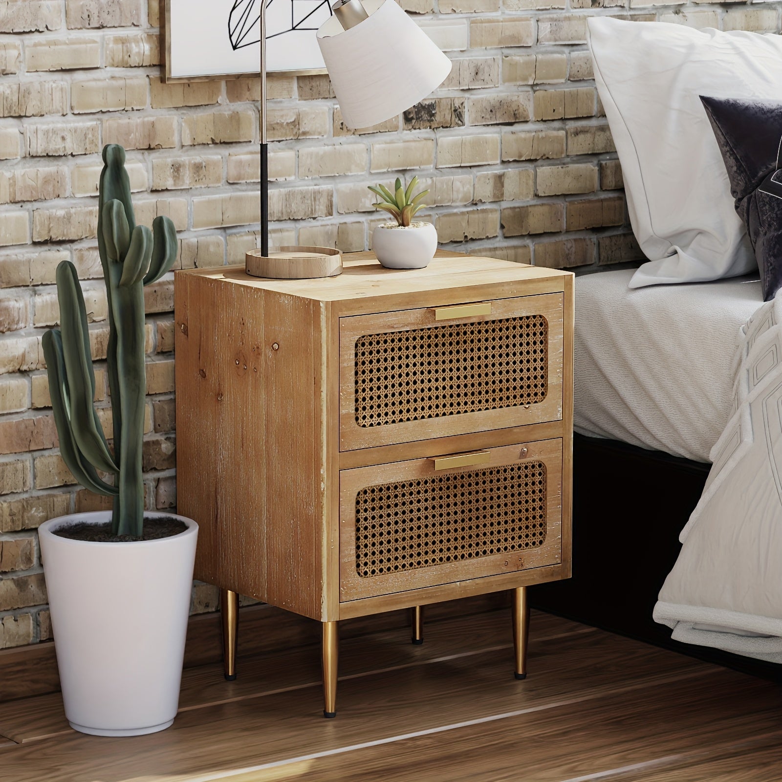 Farmhouse 2-Drawer Woven Fronts Nightstand, Rustic One Drawer Rattan Front Nightstand With Open Shelf, Industrial Accent Bedside Table