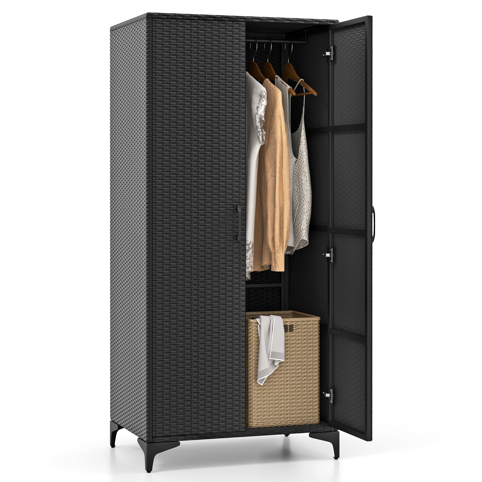 Wicker Wardrobe with 2 Doors, 62" PE Rattan Wardrobe Armoire Closet w/ Hanging Rod & 4 Storage Cubes, Clothes Organizer for Bedroom, Storage Cabinet for Home, Patio, Garage, Black/Mix Brown