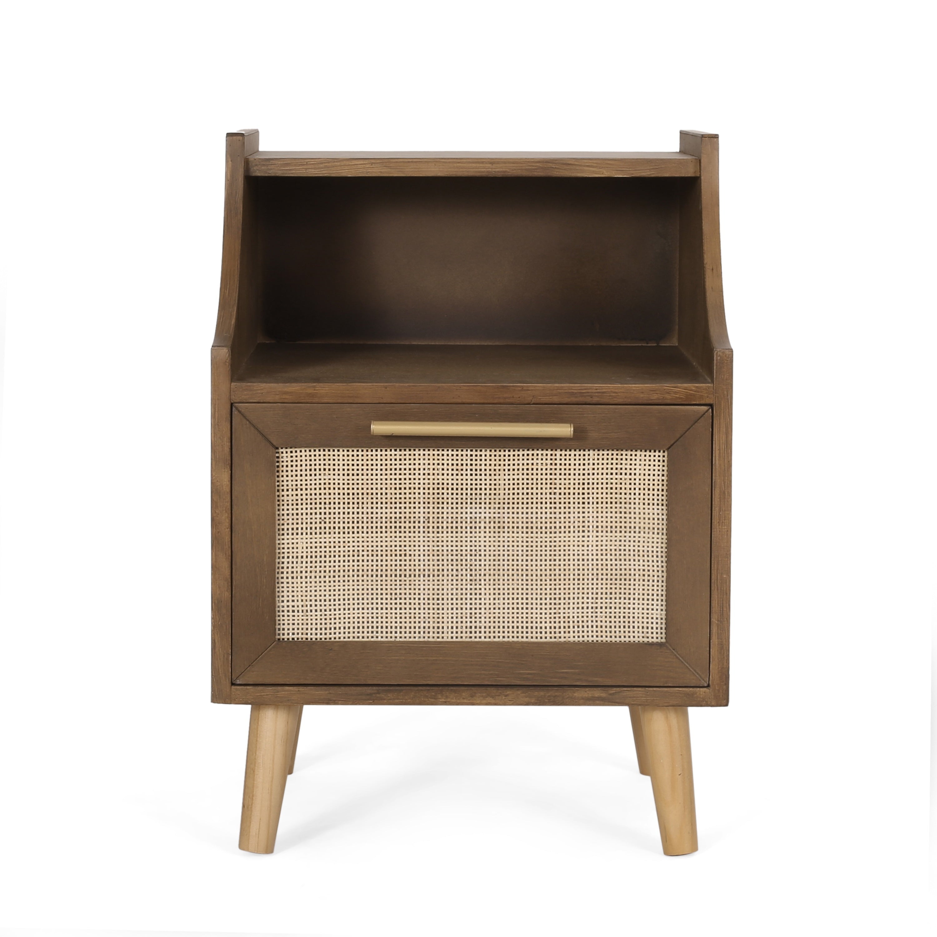 Merax Contemporary End Table With Rattan Accents And Tempered Glass - Walnut Finish Built-in Hutch And Antique Gold