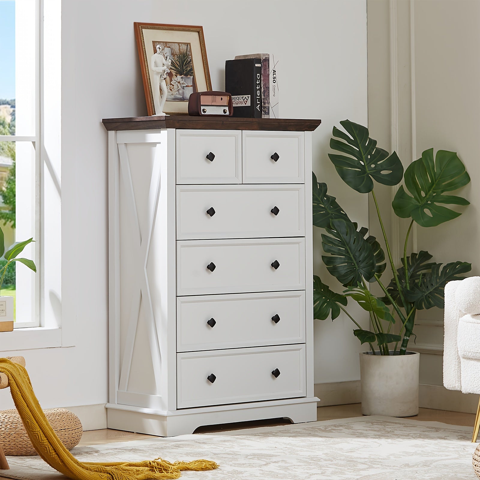 1pc Farmhouse Style 6-Drawer Dresser, 48" Tall Hardwood & Artificial Board Chest, White Storage Cabinet for Bedroom, Living Room, Entryway - Independent, No Electricity Needed