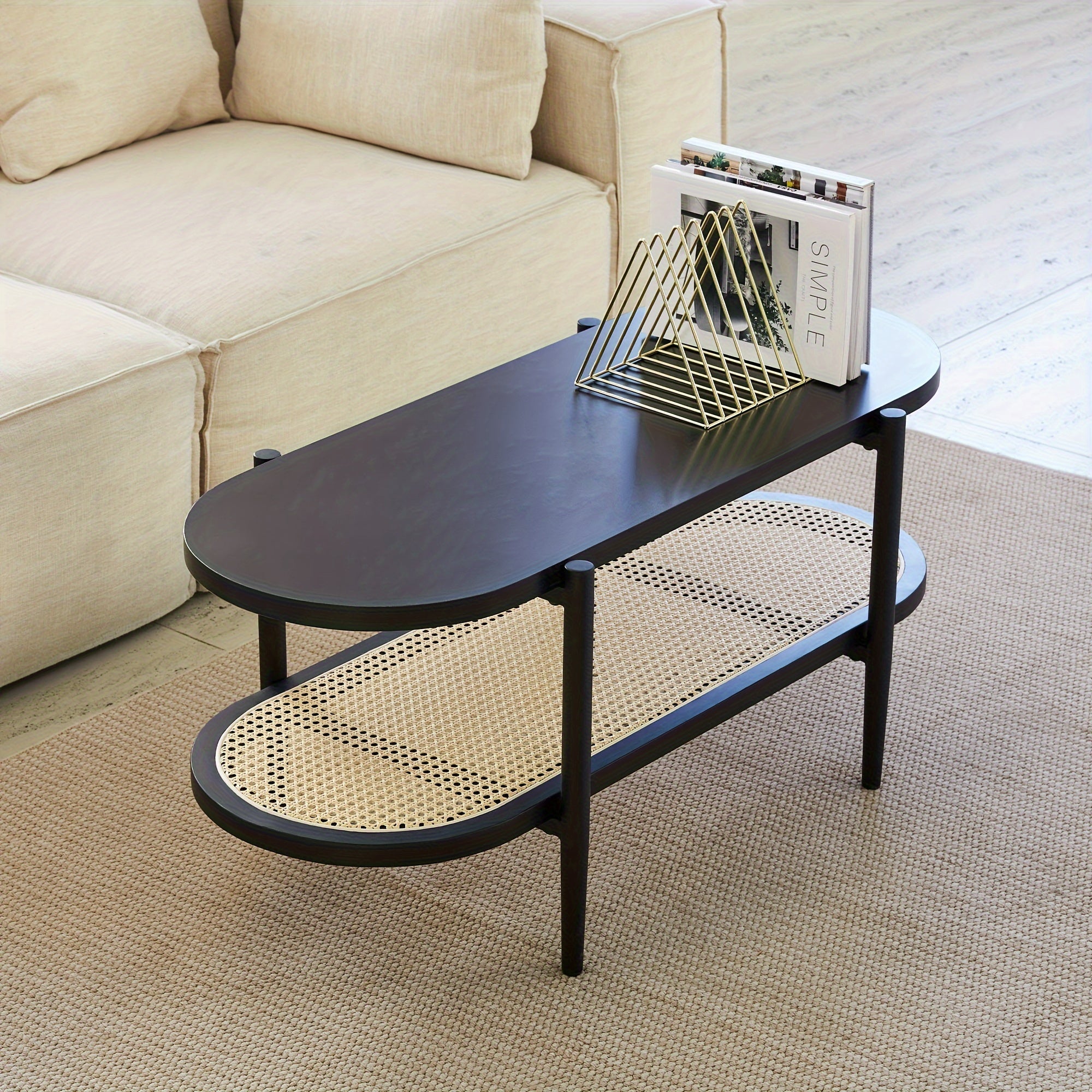 Oval Round Rattan Coffee Table Mid Century Modern Black Center Table For Living Room Small Space