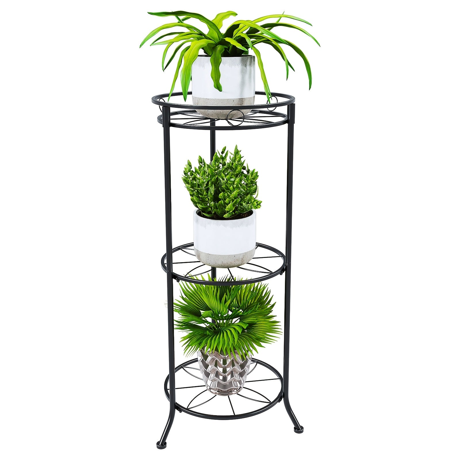 3-Tier Black Metal Plant Stand, 35" Round Multi-Level Support for Indoor & Outdoor Use - Sturdy Wrought Iron Frame with Anti-Rust Powder Coating, Easy Assembly, Perfect for Patio, Balcony, Garden, Living Room Decor