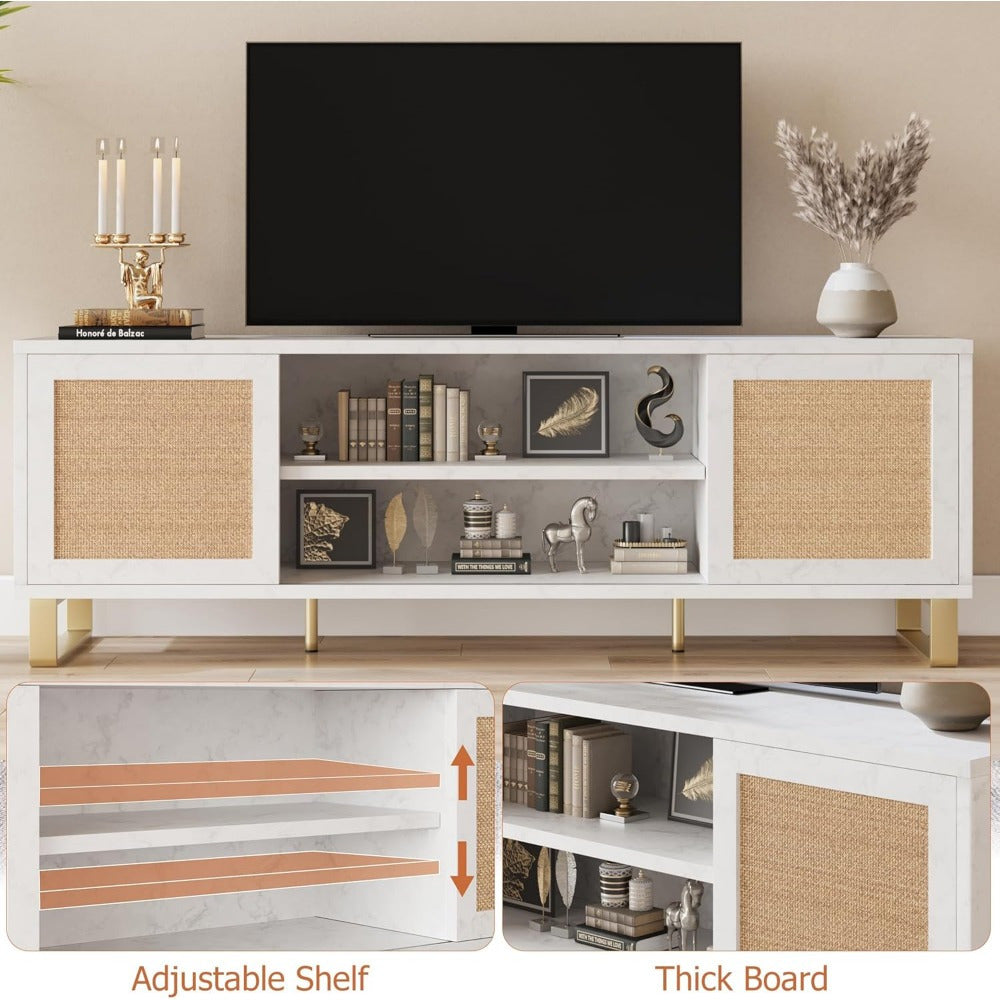 65" TV Cabinet, Rattan Entertainment Center Modern TV Console Table White TV Cabinet with Storage, Doors and Shelves, Easy To Assemble, Low TV Console Media Cabinet Furniture for Living Room Bedroom