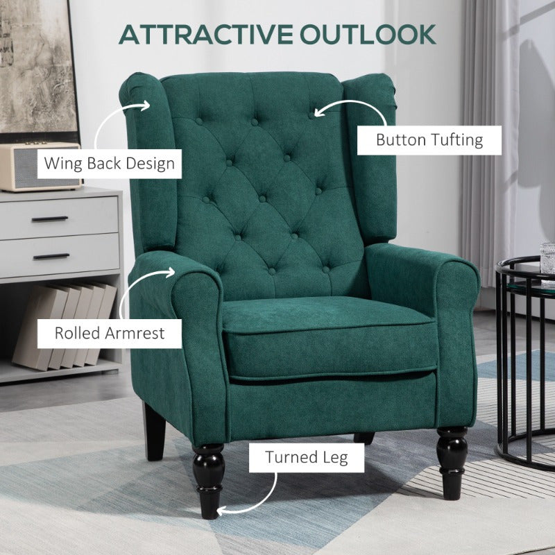 Button-Tufted Accent Chair with High Wingback, Rounded Cushioned Armrests and Thick Padded Seat, Dark Green