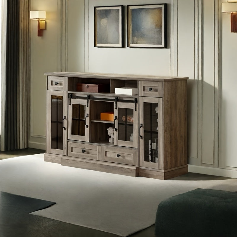 Grey Wood TV Stand for 165cm TV Sliding Glass Door Entertainment Center Hardwood Media Console Table with Storage