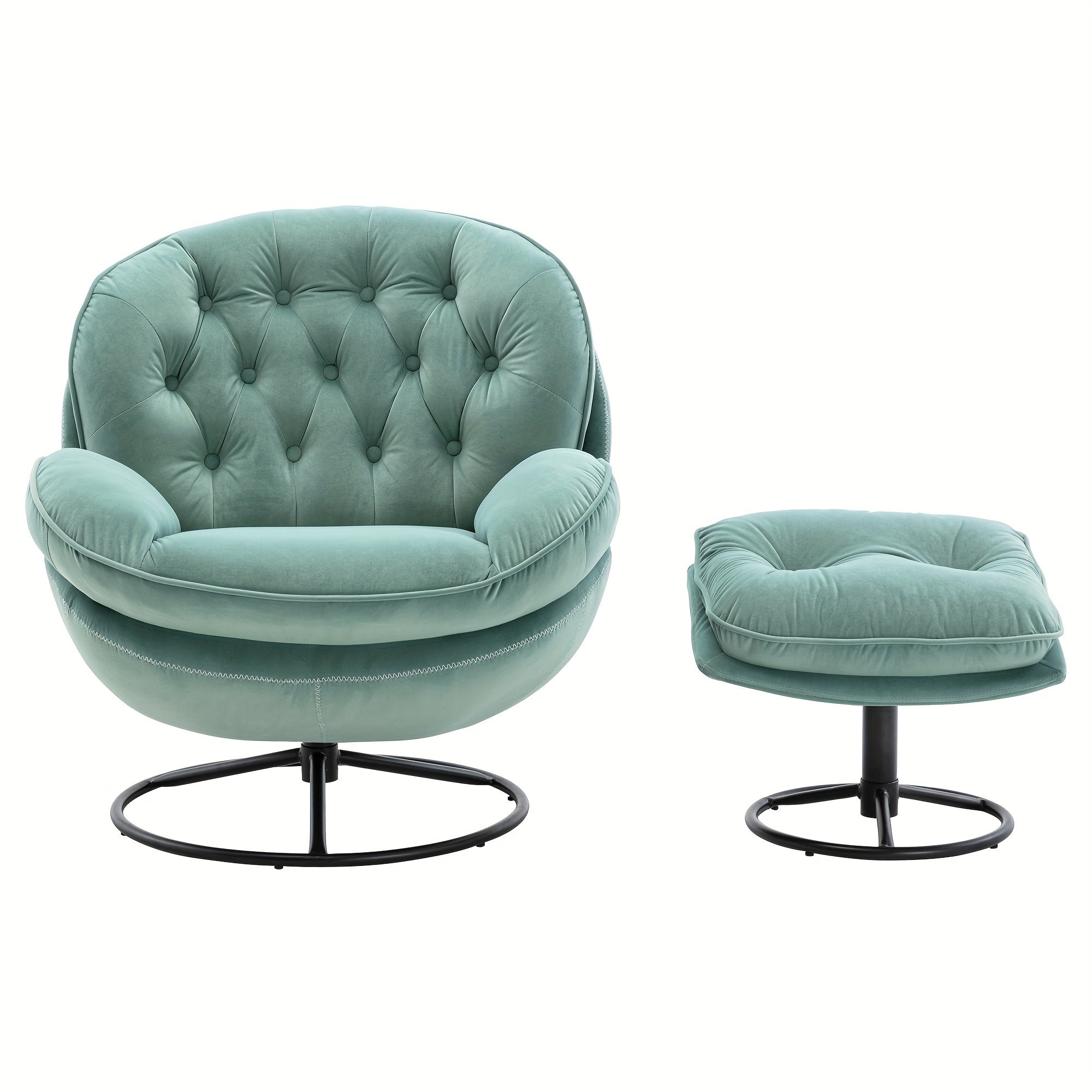 Velvet Swivel Accent Chair With Ottoman Set, Modern Tufted Armchair With Footrest For Living Room, Reading TV Chairs For Adults, Comfy Chaise Lounge Chairs With 360 Degree Swiveling For Bedroom - TEAL