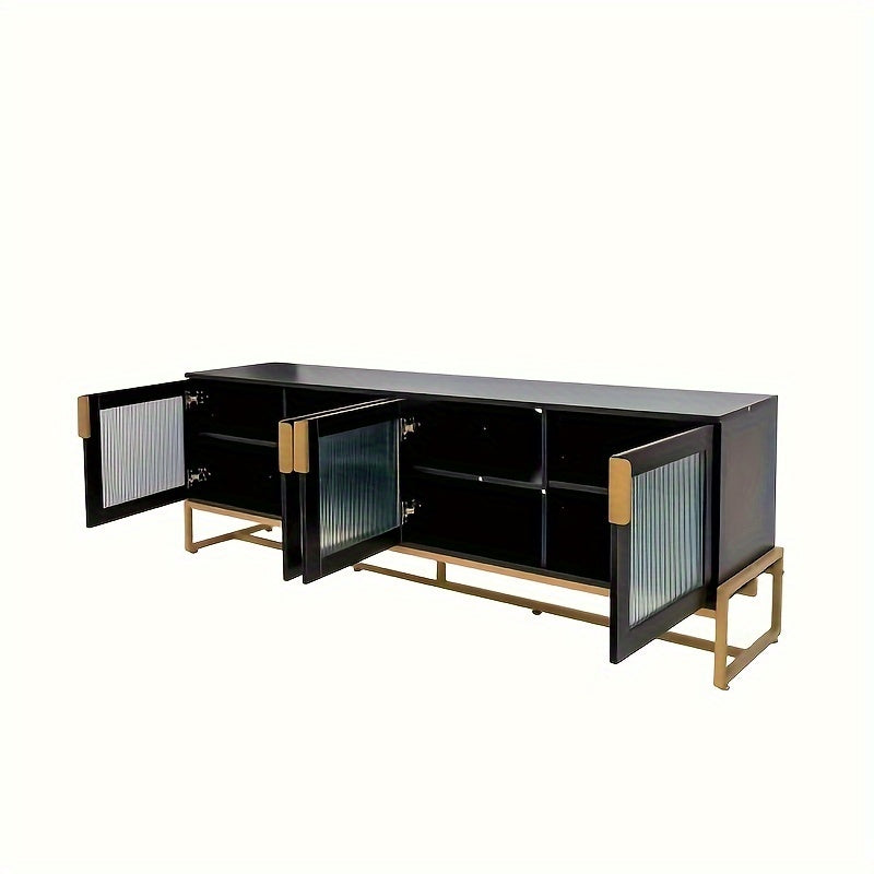 Black 70.87 inch TV cabinet. Entertainment center with shelves, wooden TV media console with sturdy metal legs, for living room