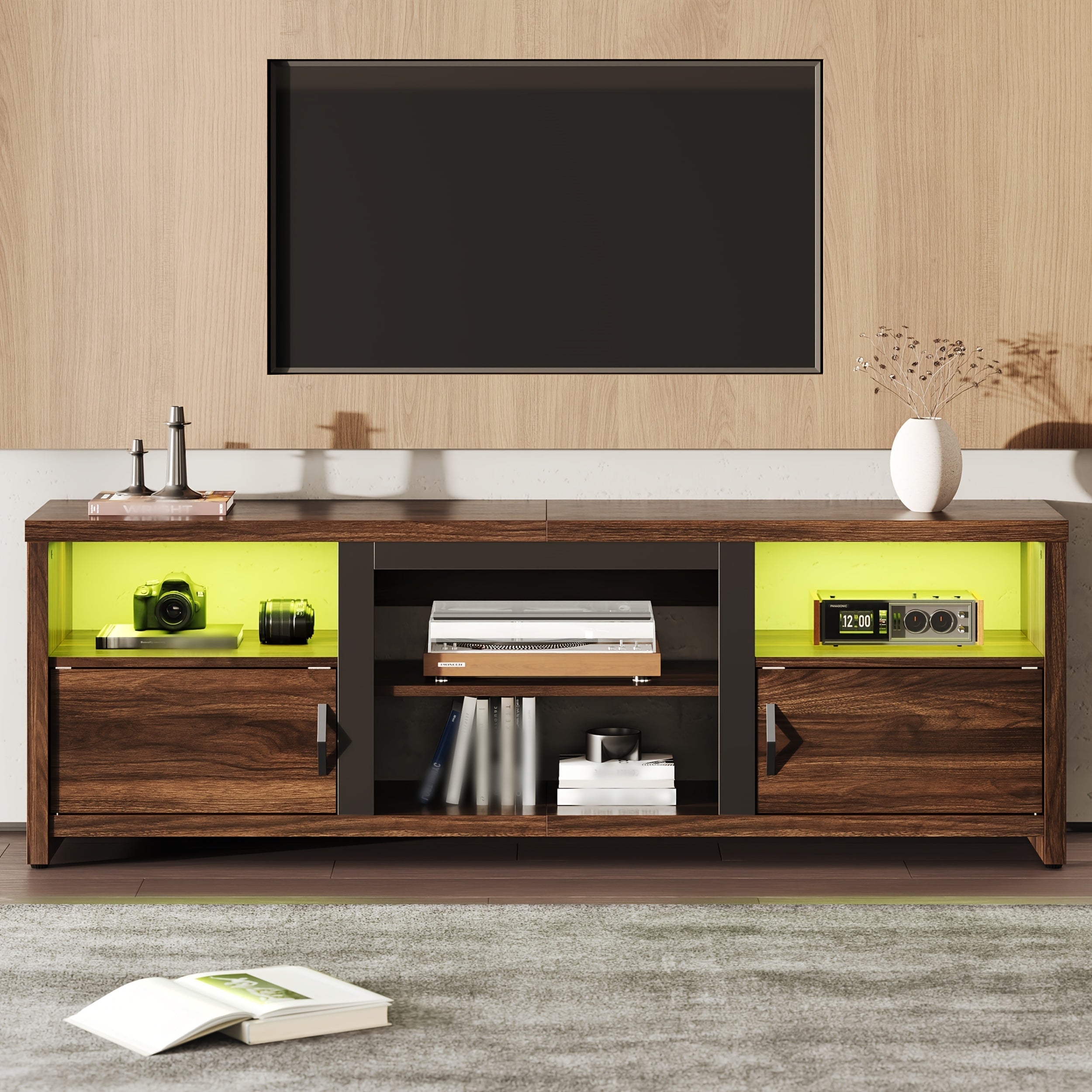 Modern 178cm Walnut TV Stand with LED Lights - Spacious Entertainment Center for Living Room & Bedroom Fits Up to 80’’