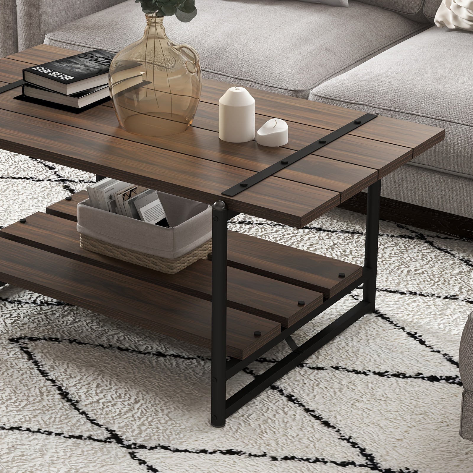Rustic 2-Tier Wooden Coffee Table with Metal Frame Large Storage Shelves Industrial Design for Living Room or Home