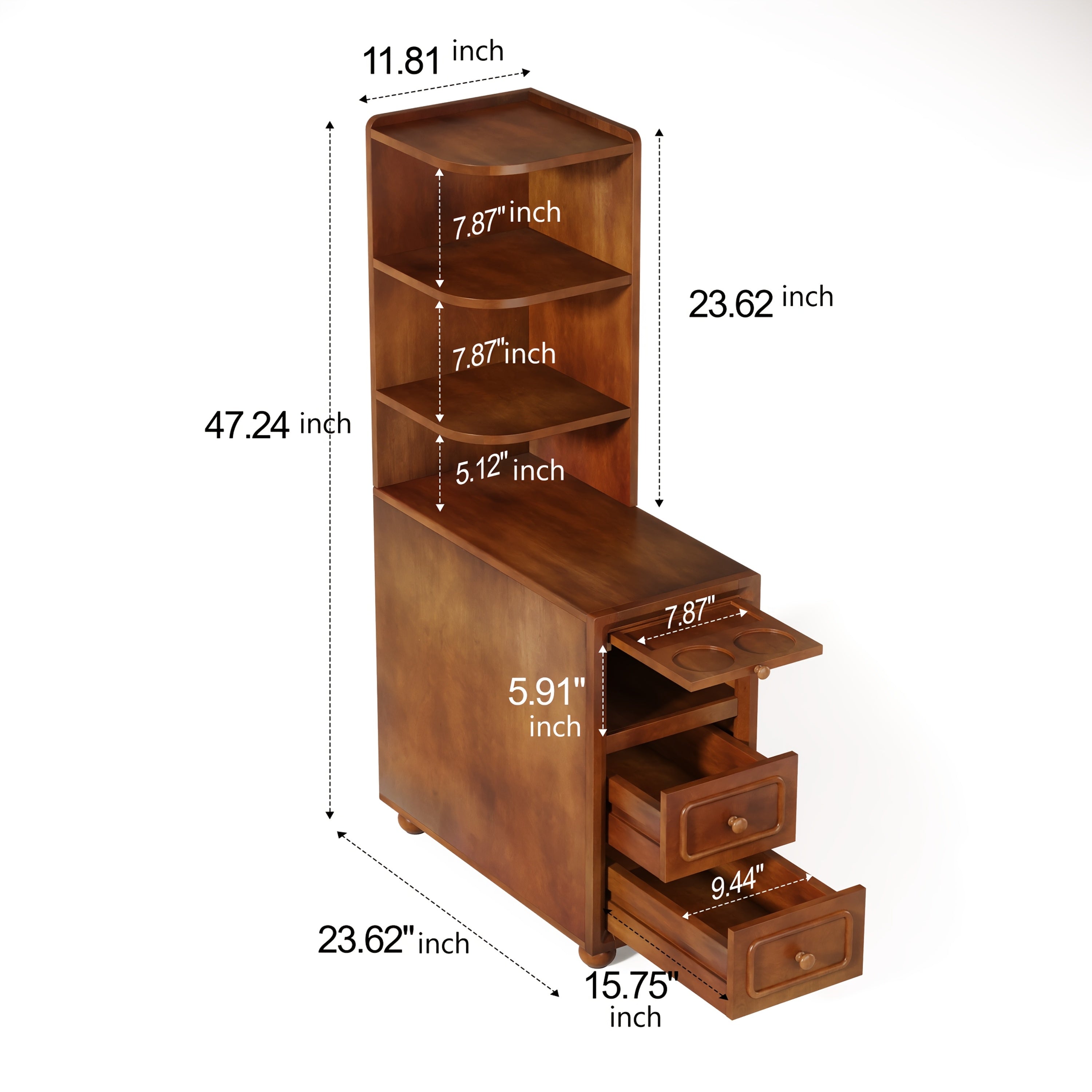 Solid Wood End Table With Drawers And Corner Shelves, Nightstand With Durable And Sturdy Construction, Slim Mid-Century Design Perfect For Small Spaces In Living Room Or Bedroom