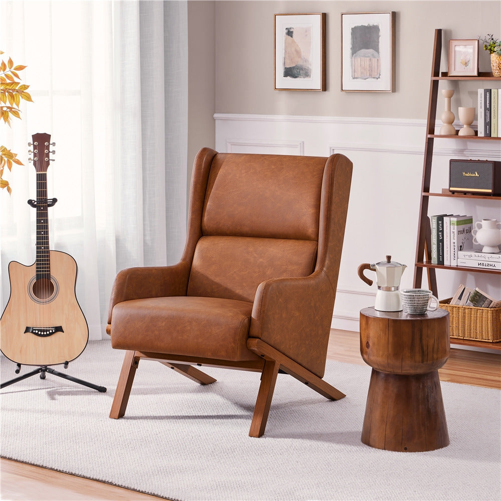 High Back Accent Chair PU Leather Armchair Oversized Lounge Chair with Wood-tone Metal Legs for Home Office Bedroom