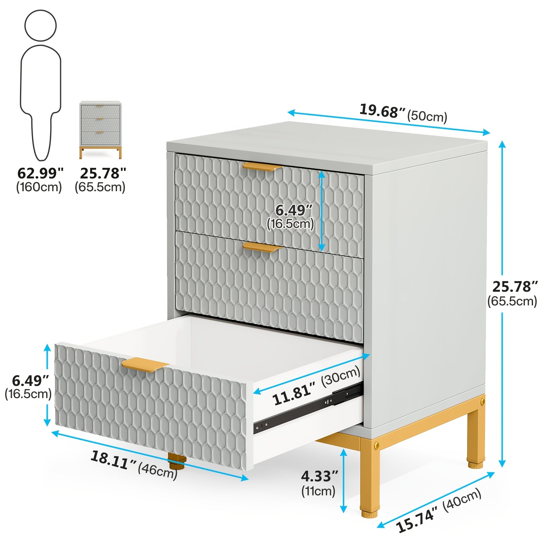 Modern White & Golden 3-Drawer Nightstand - Spacious Bedside Table with Storage, Durable Metal Frame, Ideal for Bedroom Organization, Bedside Table for Bedroom, Side End Table, Storage Lockers, BYBLIGHT