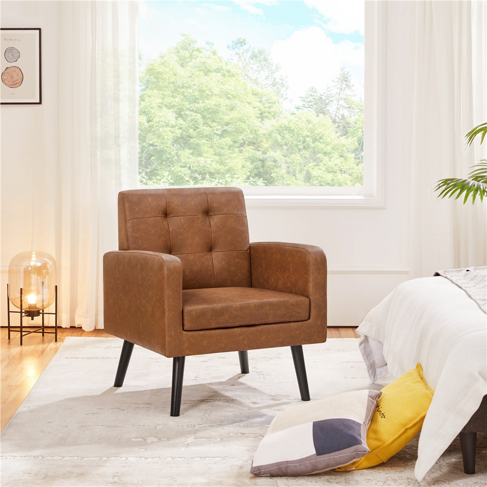 Mid Century Arm Chair, Modern Faux Leather Accent Chair with Solid Wood Legs as Living Room Chairs