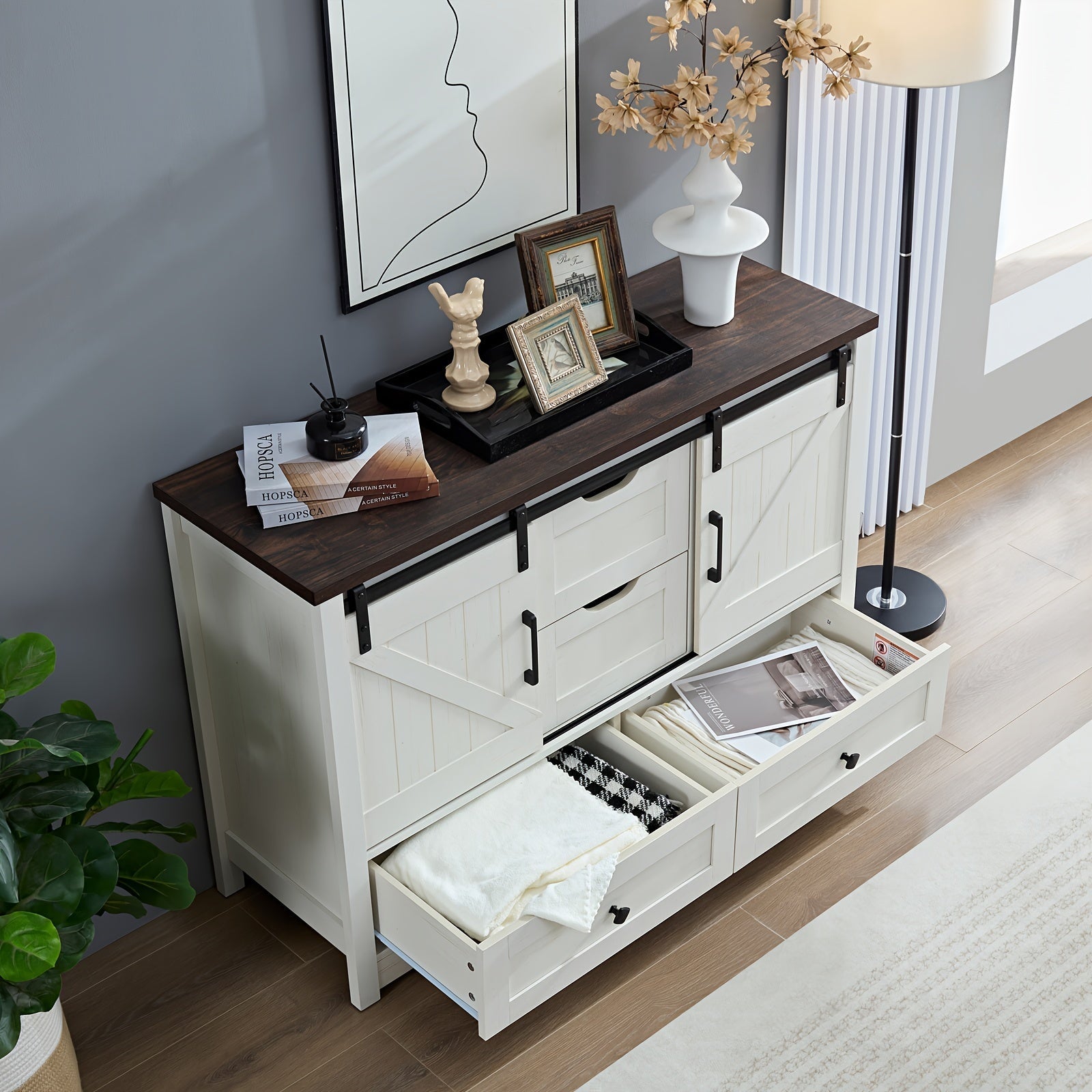 Bedroom Dresser Rustic Dresser With Barn Doors Closet Storage With 4 Drawers Farmhouse Style Dresser With SlidingBarn