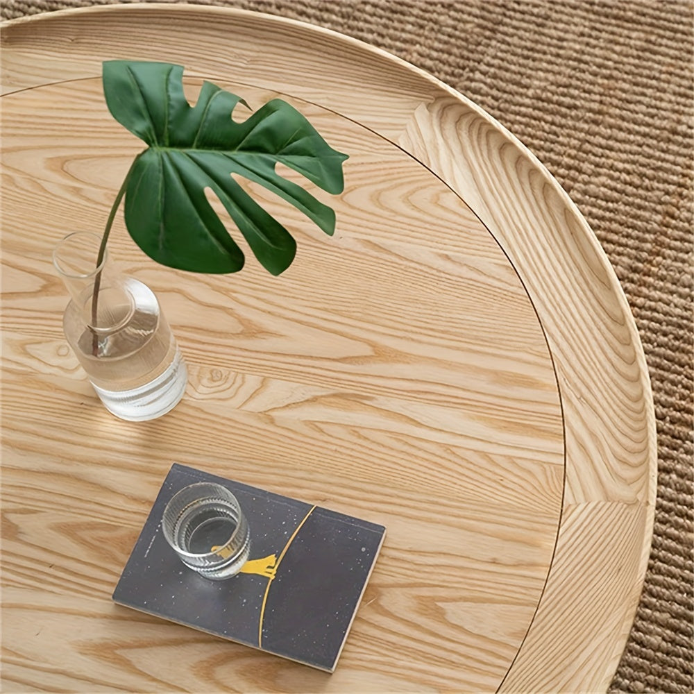 1pc Classic Round Coffee Table - Space-Saving Hardwood & Rattan Center Table with Engineered Wood Frame and Oak Finish for Living Room