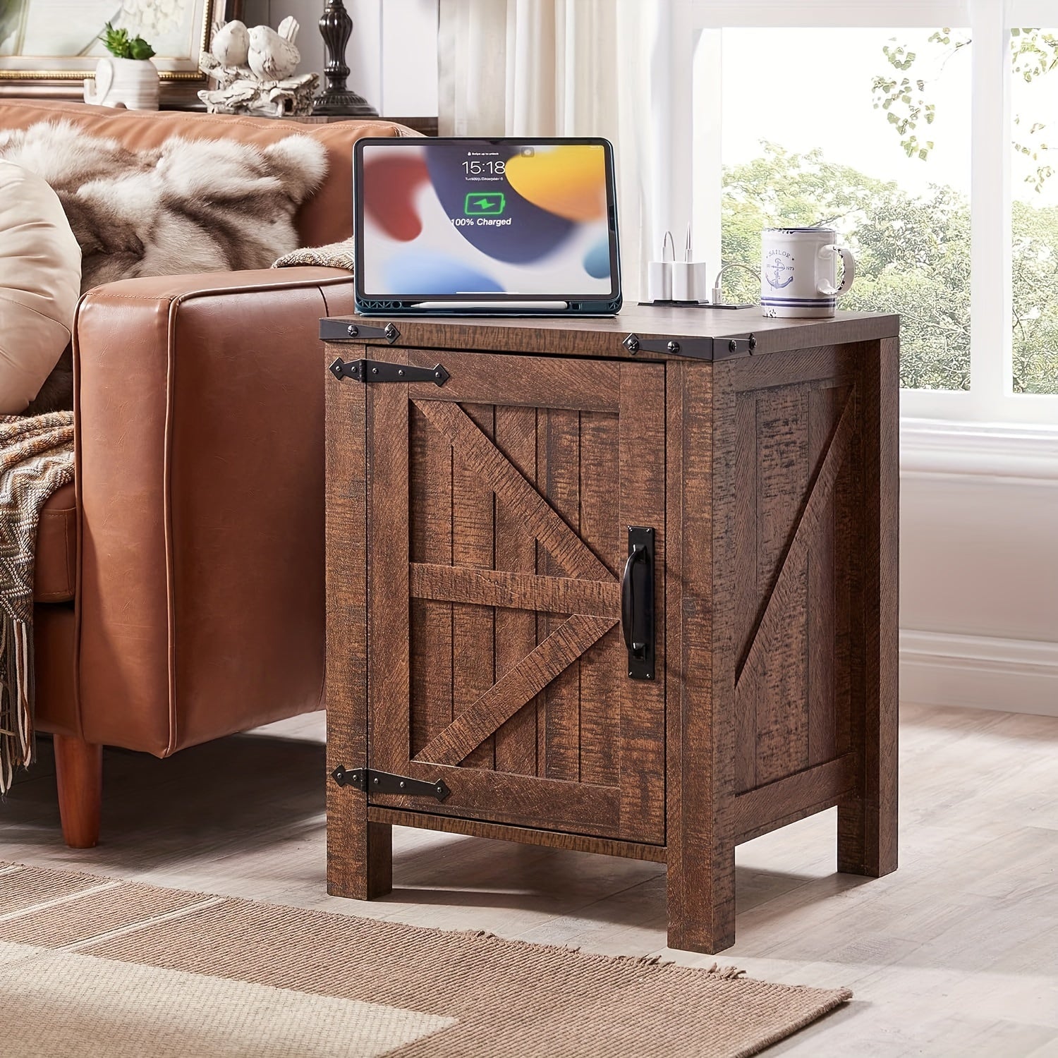 1pc Rustic Farmhouse Nightstand with Charging Station 18’’ Hardwood End Table with Barn Door & Adjustable Shelf