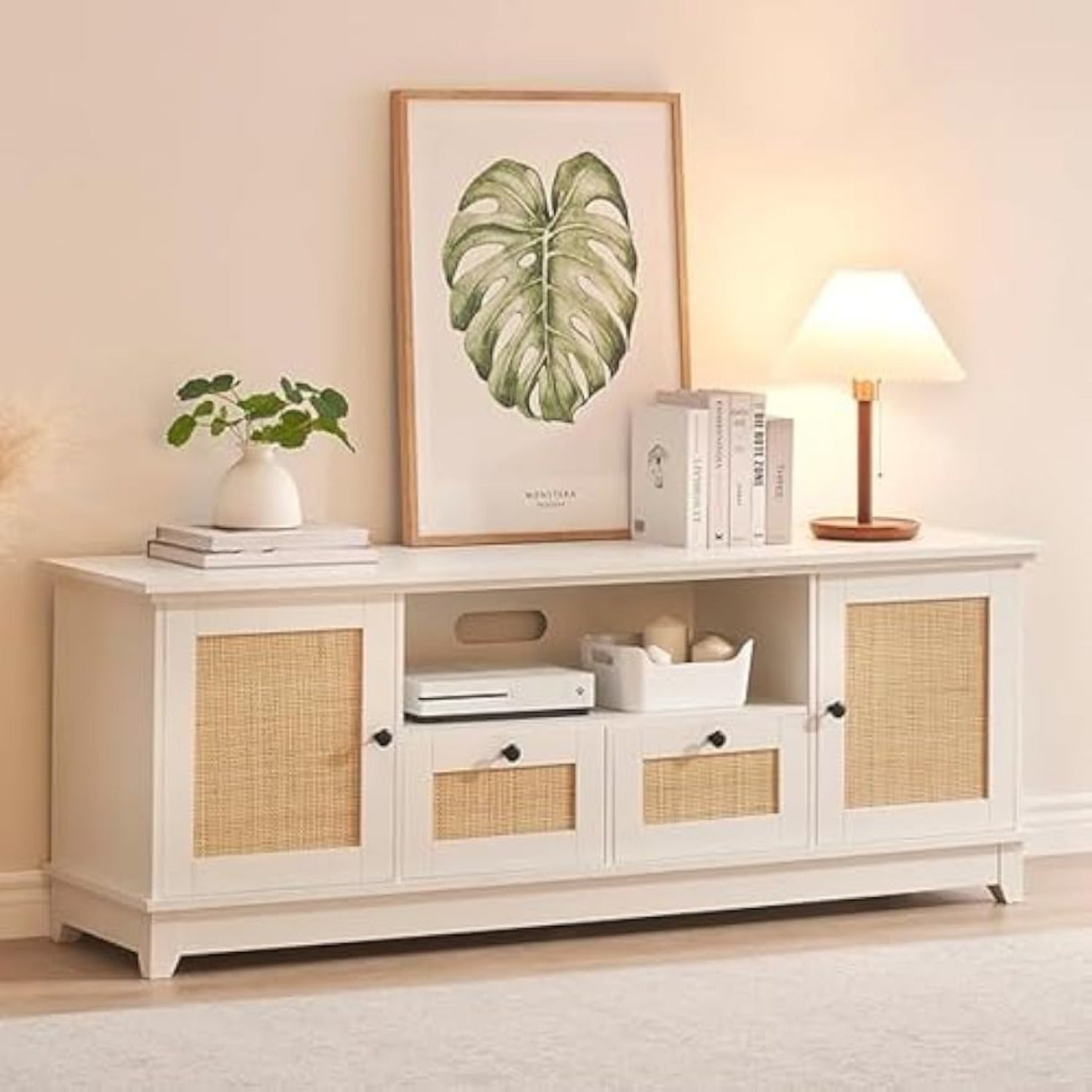 Rattan TV Stand, Modern Entertainment Center for 65/ 70 Inch TV, White Media Center with 2 Drawers and 2 Cabinets with Adjustable Shelf, TV Media Console Cabinet for Living Room