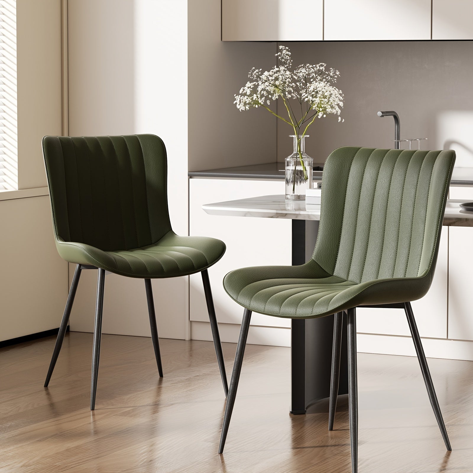 Modern Green Dining Chairs Set of 2 - Comfortable Faux Leather & Solid Wood with Sturdy Metal Legs, Perfect for Kitchen & Dining Room