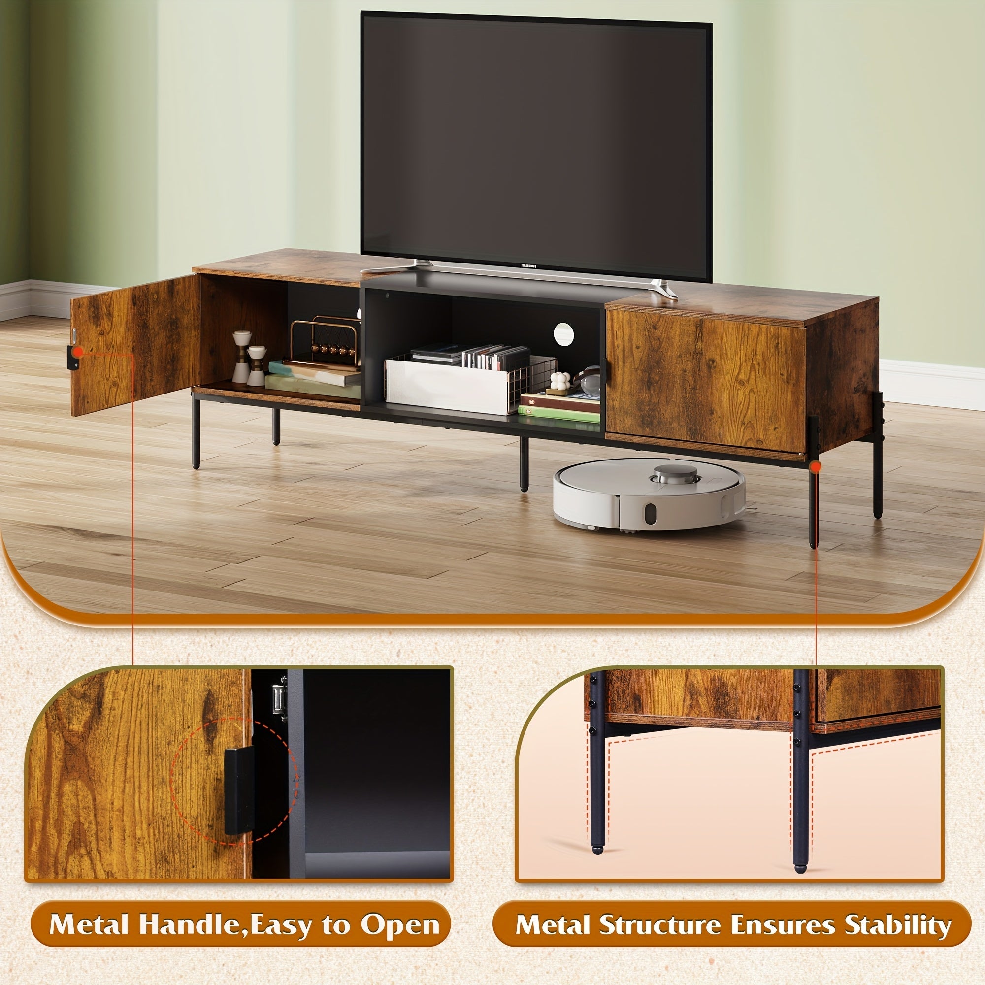 Modern TV Stand For 65 Inch TV, Mid Century Entertainment Center With Storage, TV Console With Open Shelf And 2 Cabinets For Bedroom And Living Room, TV Cabinet With Metal Legs