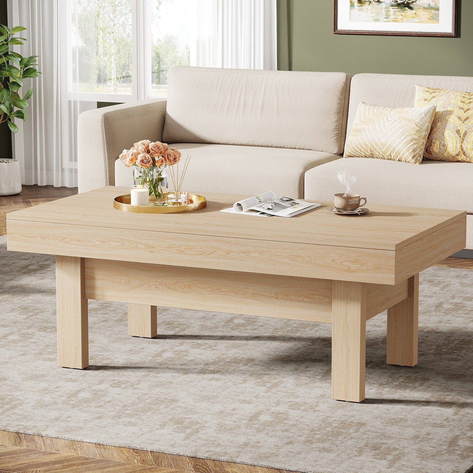 47 Inch coffee table, farmhouse center table cocktail tea table, it comes with four footrests and can support up to 300 pounds