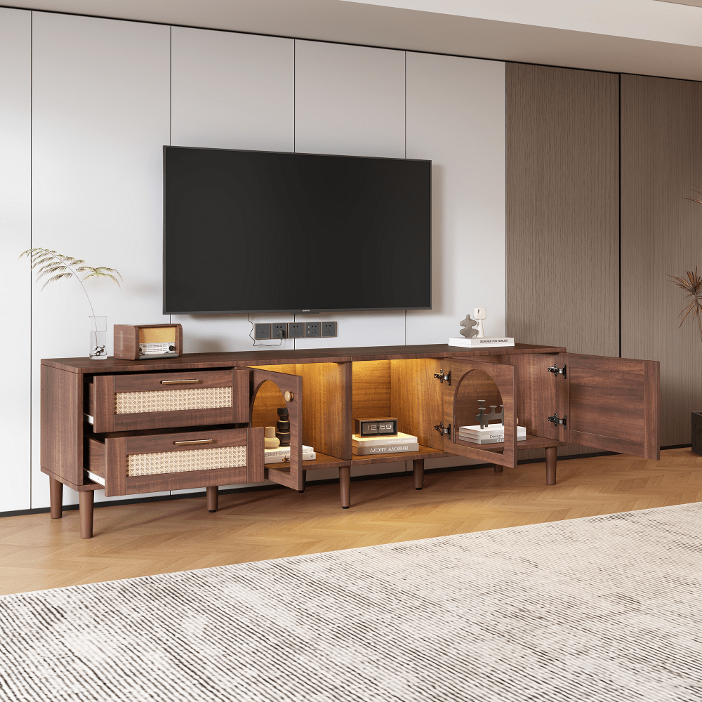 Rattan TV Cabinet with 3 Cabinets and 2 Drawers, Rattan Style Media Console Table, Suitable for TVs up to 80 Inches, TV Cabinet for Living Room, Bedroom, Home Theater