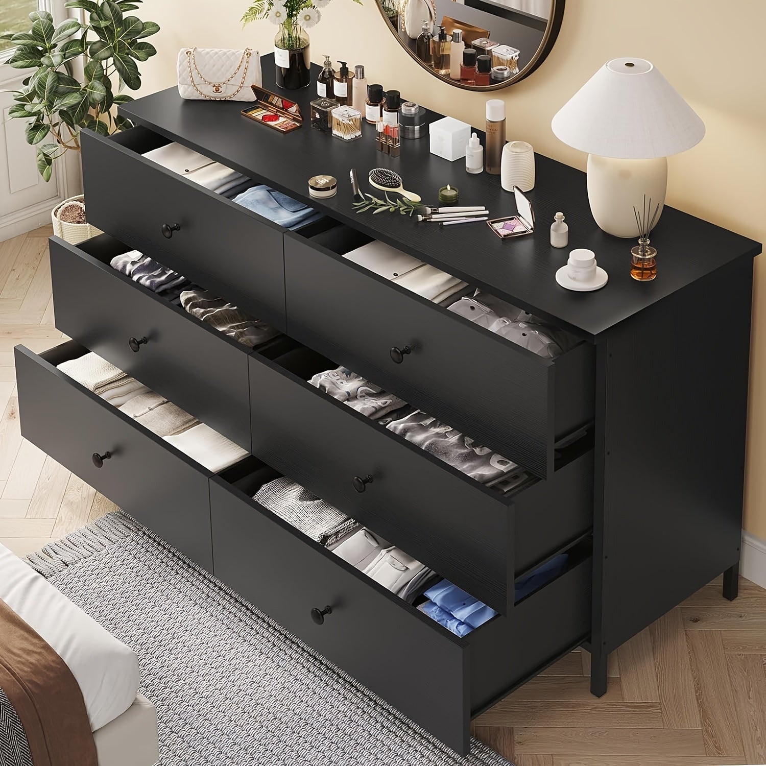 6 Drawers Dresser With Steel Frame Modern Chest Of Drawers For Bedroom Living Room Black - 15.8’’D x 47.3’’W x 31.3’’H