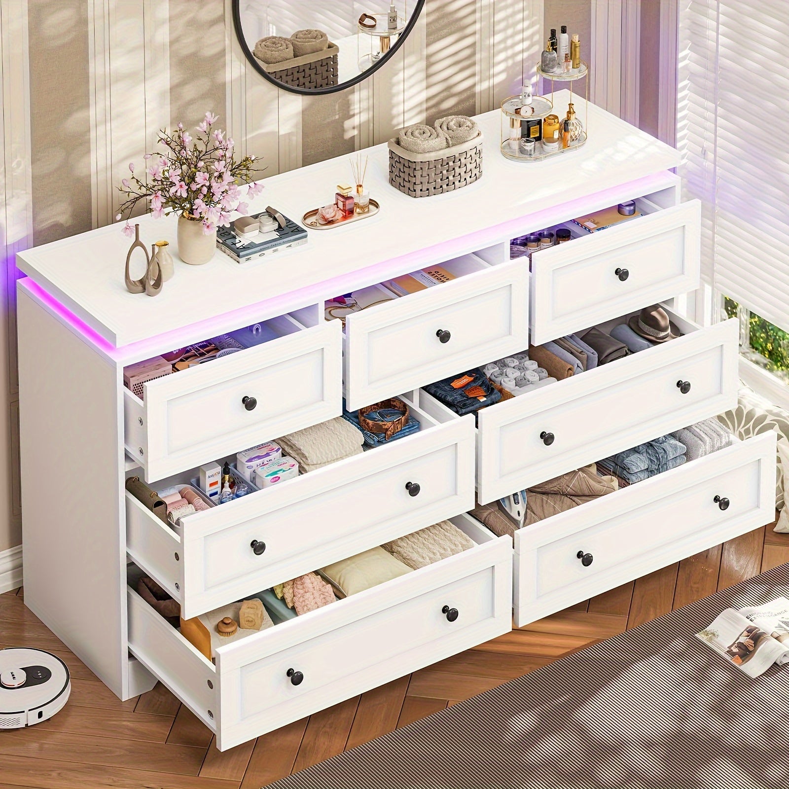 7 Drawers Dresser Bedroom Dresser With 7 Drawers Modern Chest Of Drawers With LED Lights 47’’ Wide Dresser With Metal