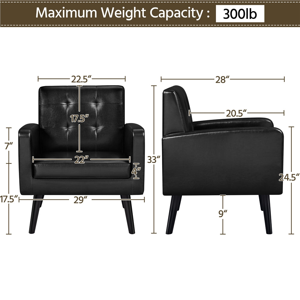 Mid Century Arm Chair, Modern Faux Leather Accent Chair with Solid Wood Legs as Living Room Chairs