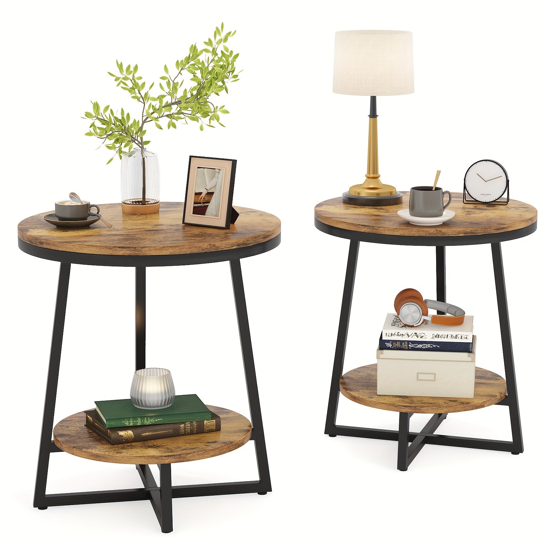 Round End Table, Industrial Nightstand With Storage Shelf, Small Farmhouse Rustic Coffee Table With Steel Frame & Wood Grain, 2-Tier Vintage Side Table For Living Room, Bedroom, Office