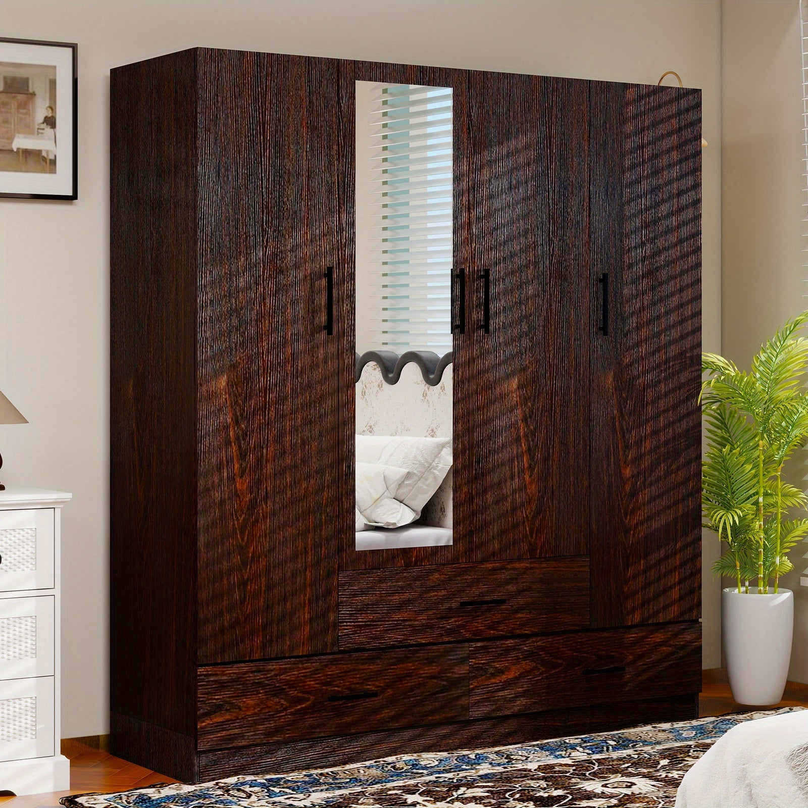 Walnut Wood Armoire with Drawer & Mirror - Waterproof, Free-Standing Wardrobe for Bedroom Storage, Perfect for Christmas, Thanksgiving, Halloween Decor, Bedroom Decor, Storage Boxes for Organizing