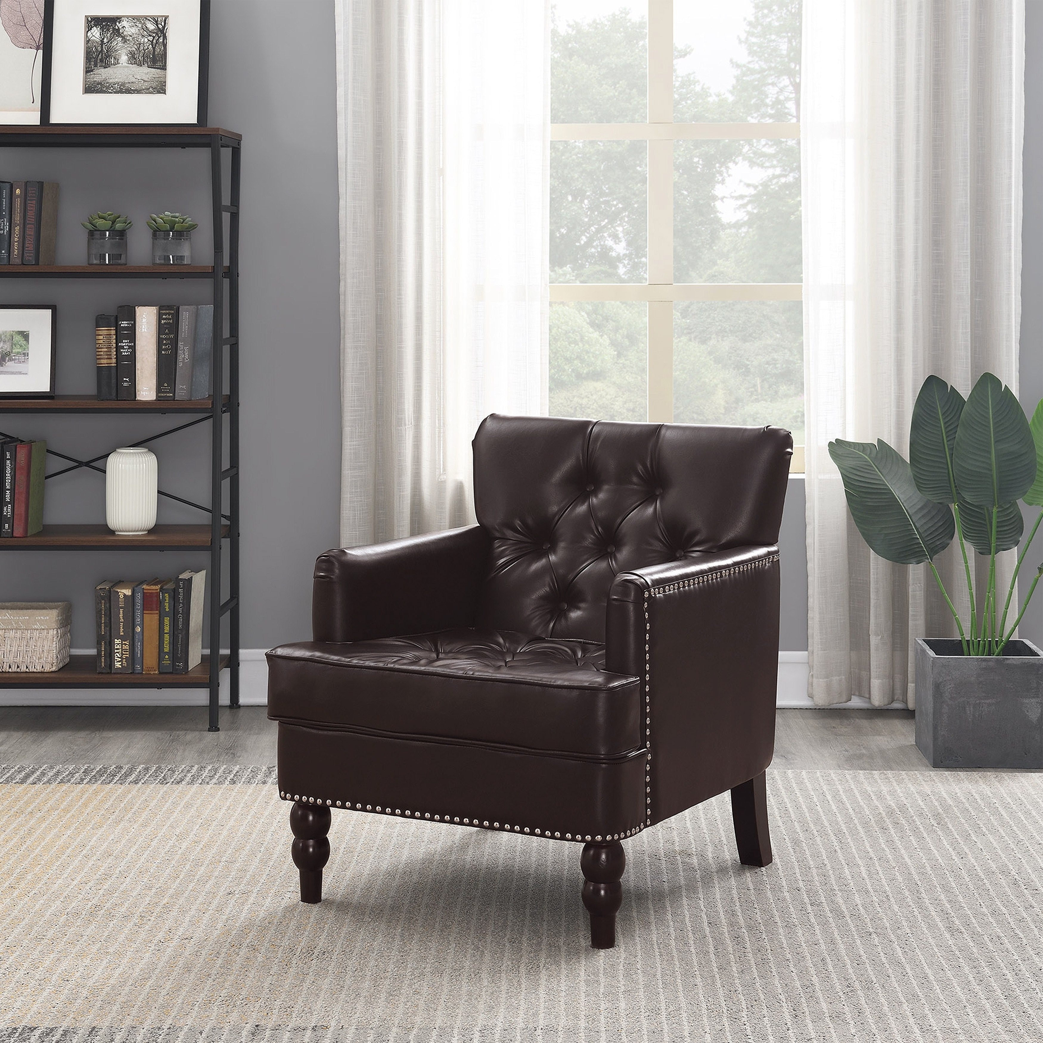 Leather Tufted Club Chair, Upolstered Accent Chair Wood Leg For Livingroom, Brown